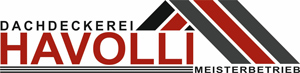 Das Logo zeigt den Schriftzug Dachdeckerei Havolli Meisterbetrieb mit stilisiertem Dach in Rot Grau und Schwarz